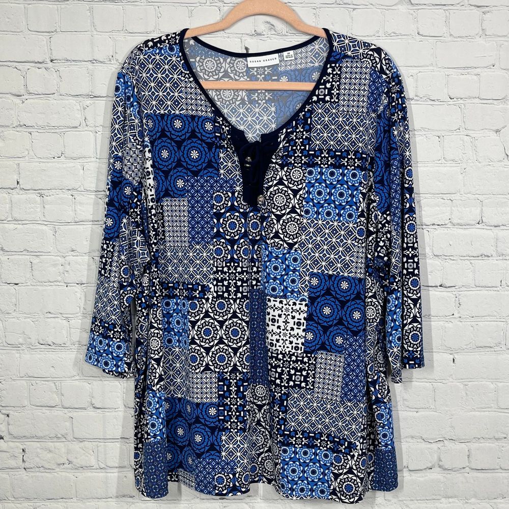 Susan Graver Blouse Women 3X Liquid Knit Blue Black Pullover 3/4 Sleeves Tunic
